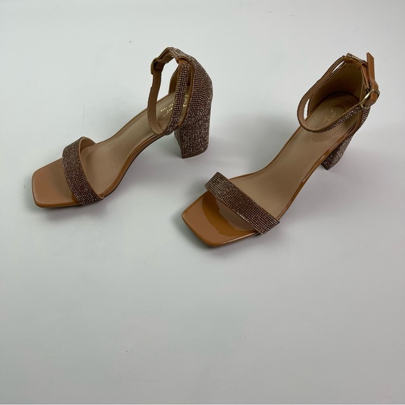 Gold Strappy Sparkly Jewel Open Toe Square Heel Shoes - Picture 3 of 11